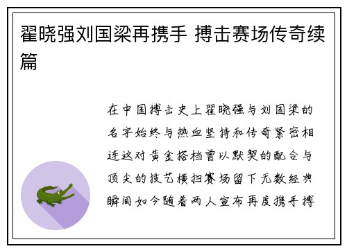 翟晓强刘国梁再携手 搏击赛场传奇续篇
